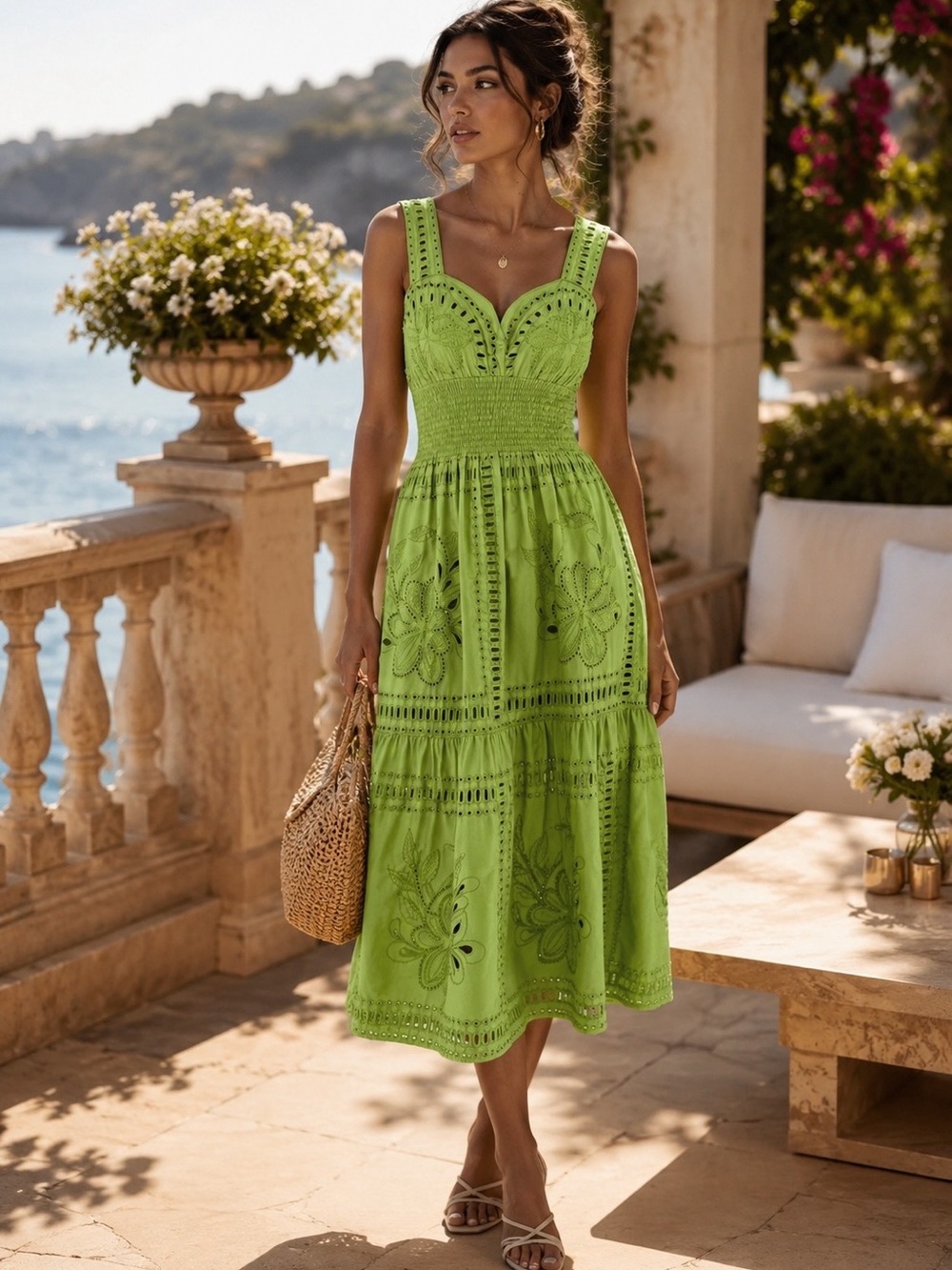 Rails Fawn Eyelet Sleeveless Lime Green Woman’s Floral Summer Midi Dress Large